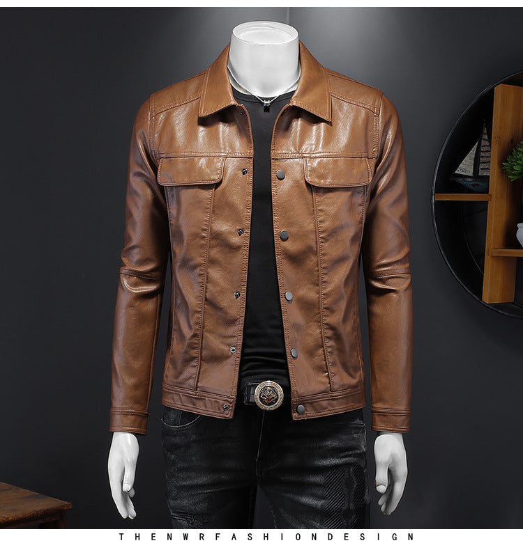 Men's Long-sleeved Lapel Leather Coat