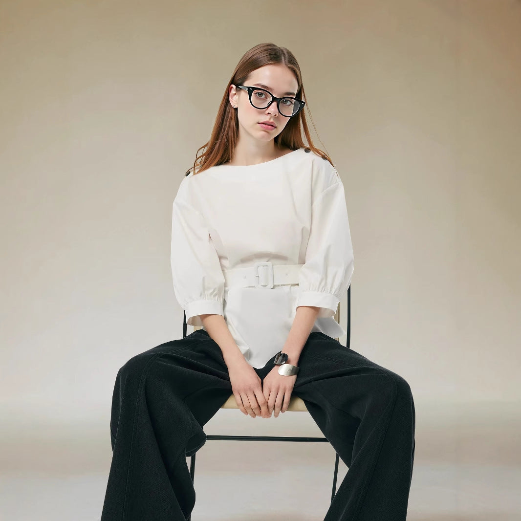 Elegant Shirt With A Belt And Three-quarter-length Sleeves