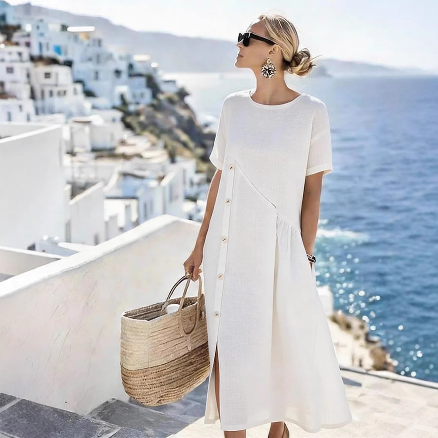 Button embellished pleated pocket mid-length dress