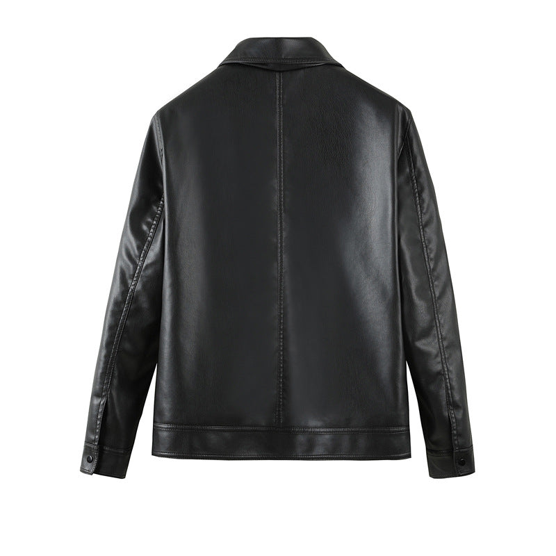 Men's Casual Solid Color Windproof Handsome PU Leather Jacket Top