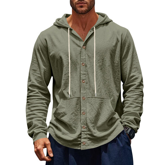 Relaxed-fit Men's Linen Casual Hoodie Long-sleeve Shirt