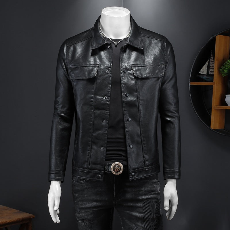 Men's Long-sleeved Lapel Leather Coat