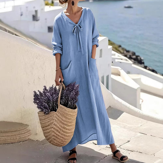 Womens Casual V-Neck Long-Sleeve Loose Cotton-Linen Solid-Color Dress