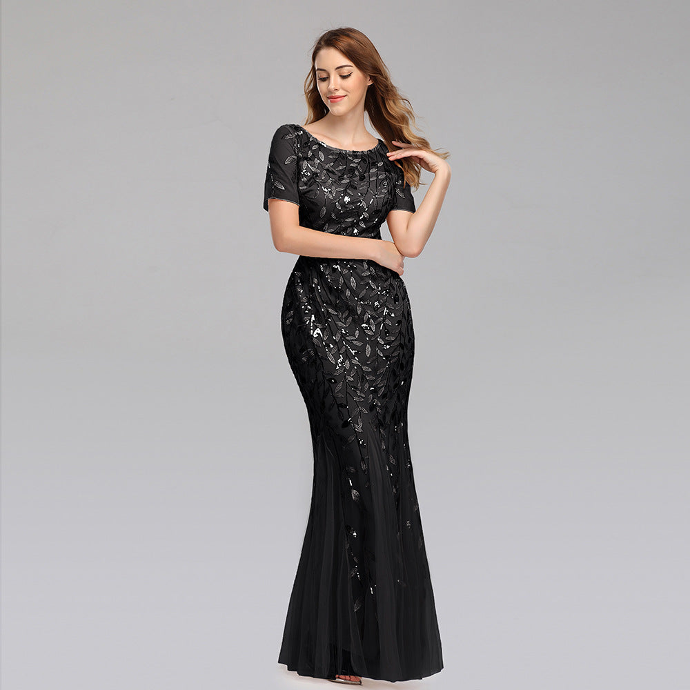 Gauze Sequin Evening Dress Fish tail Dress