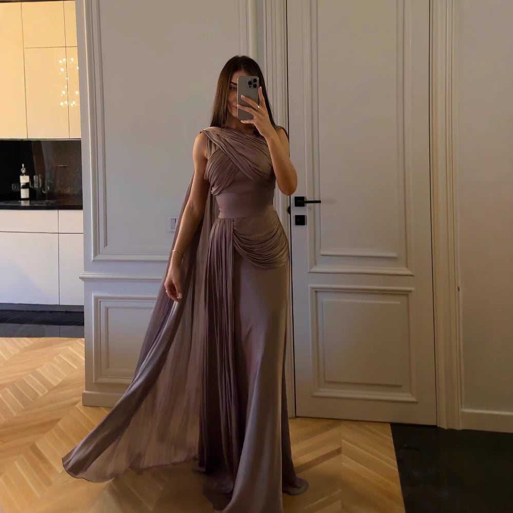 Pleated Gown with side cape in satin