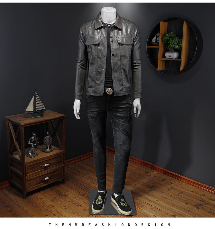 Men's Long-sleeved Lapel Leather Coat