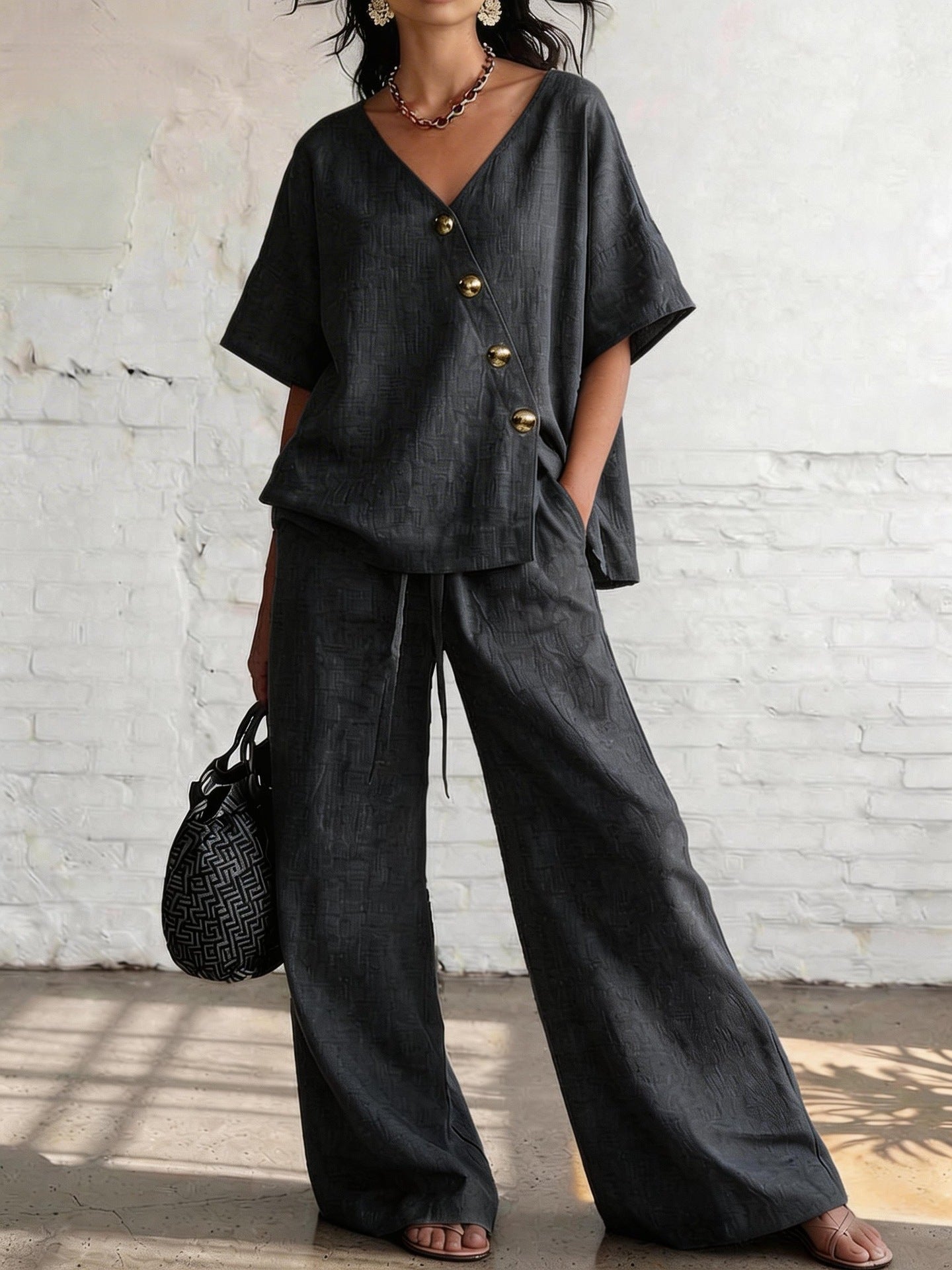 V-Neck Top & Wide-Leg Pants -Co ord Set in Loose Fit