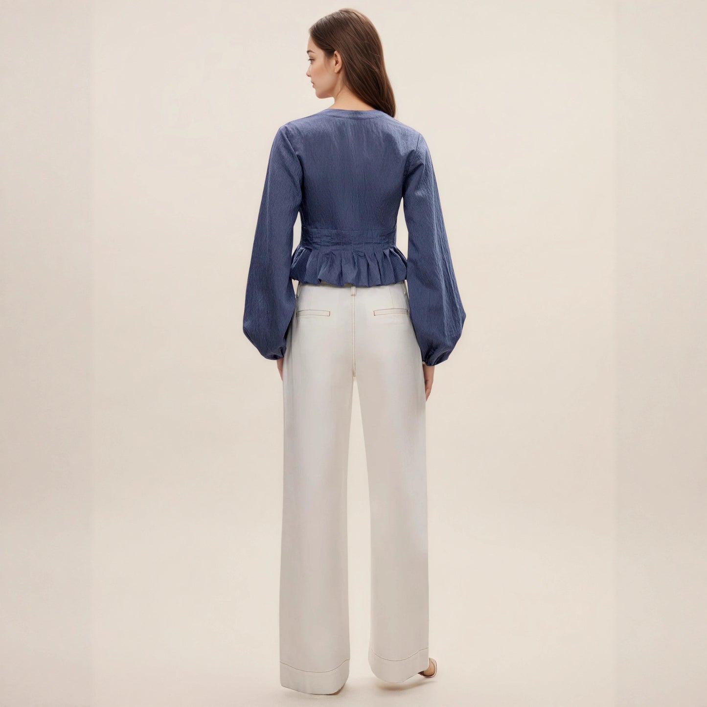 Gentle V-neck Top With Drawstring And Ruffled Hem Detailing