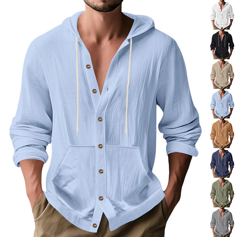 Relaxed-fit Men's Linen Casual Hoodie Long-sleeve Shirt