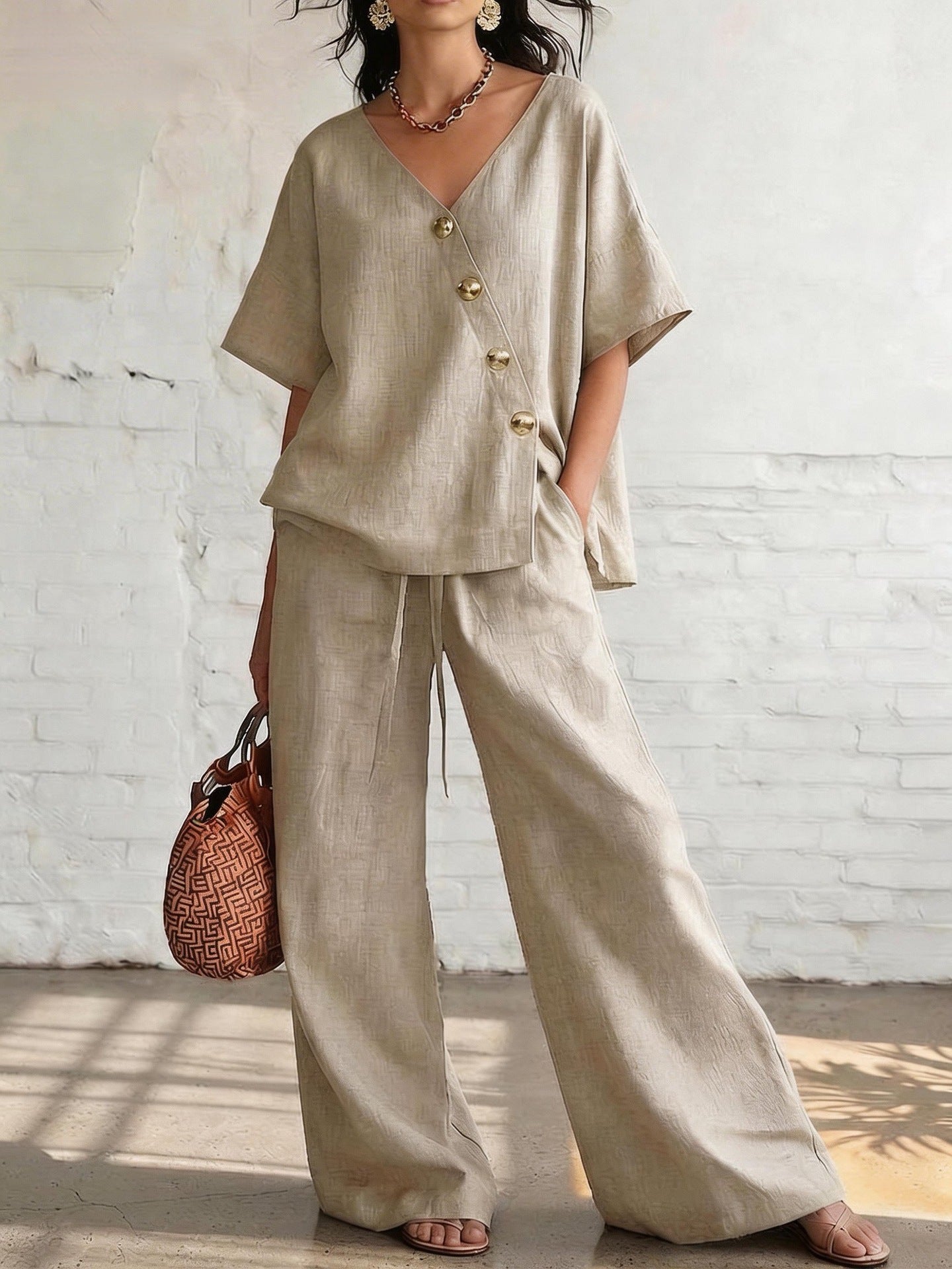 V-Neck Top & Wide-Leg Pants -Co ord Set in Loose Fit