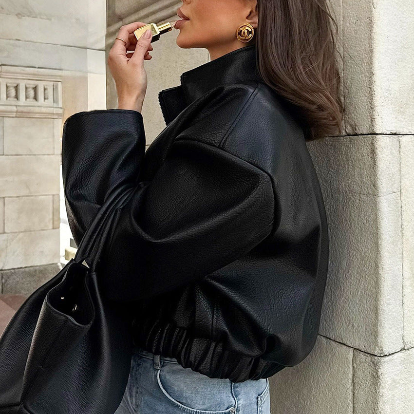Black Loose-fitting Leather Jacket