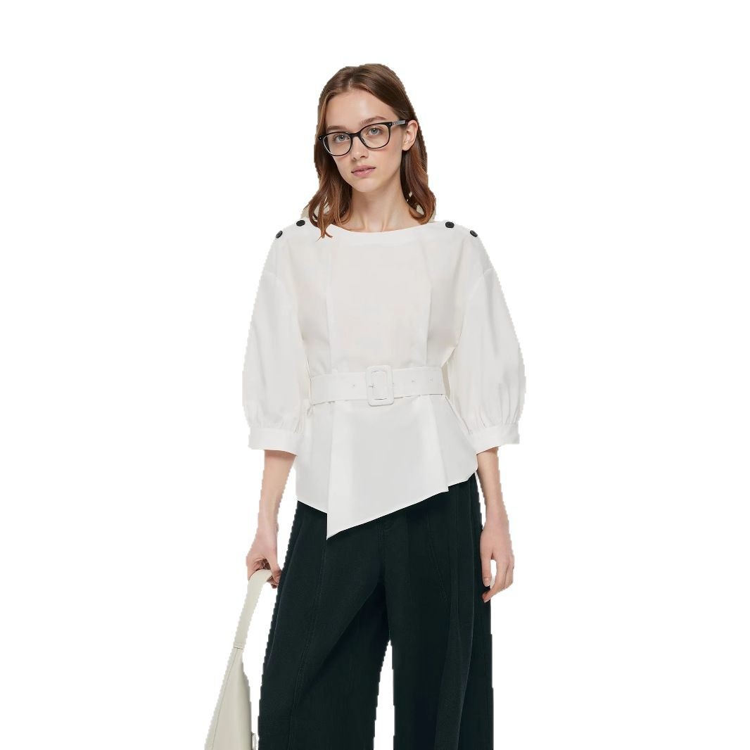 Elegant Shirt With A Belt And Three-quarter-length Sleeves