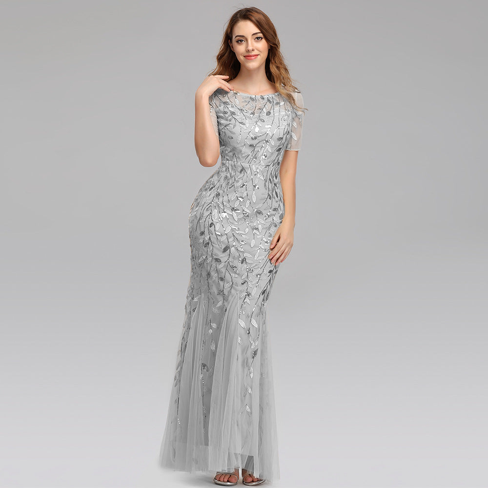 Gauze Sequin Evening Dress Fish tail Dress