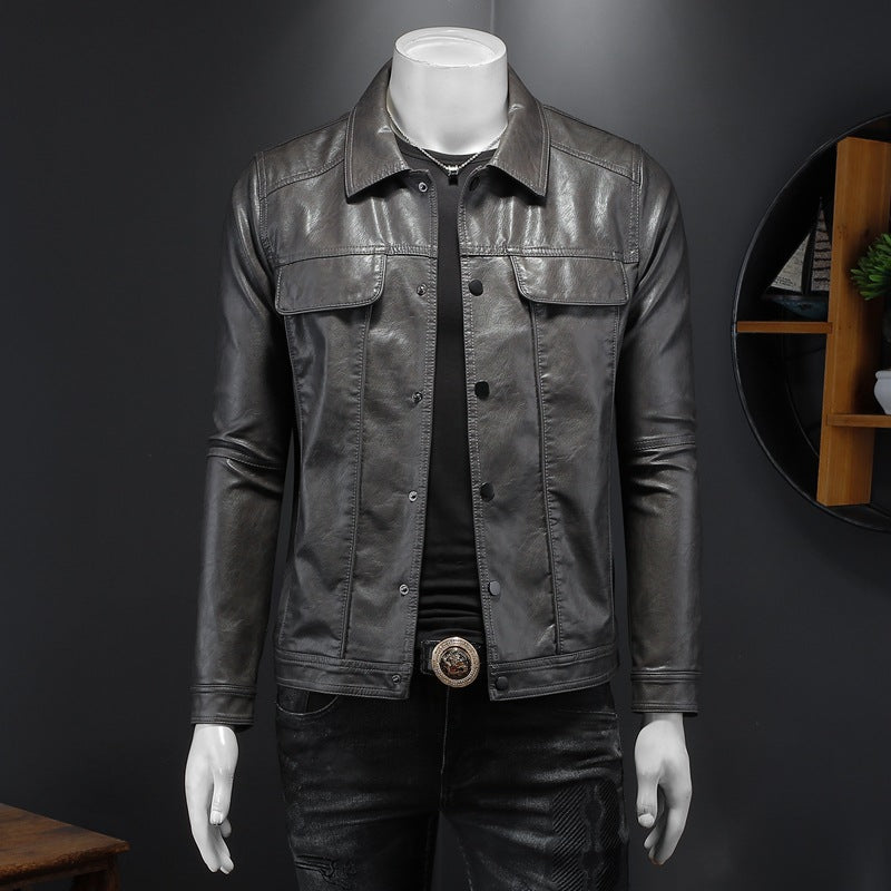 Men's Long-sleeved Lapel Leather Coat