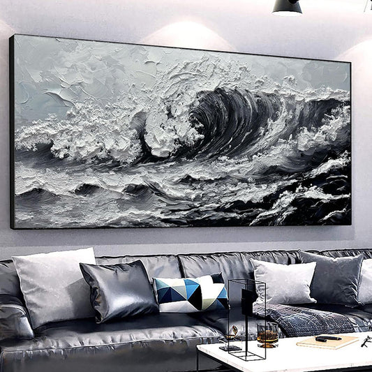 Large Gray And White Seawaves Seascape Oil Painting On Canvas Handmade Black Texture Knife Thick Wall Art For Living Room Decor Mural