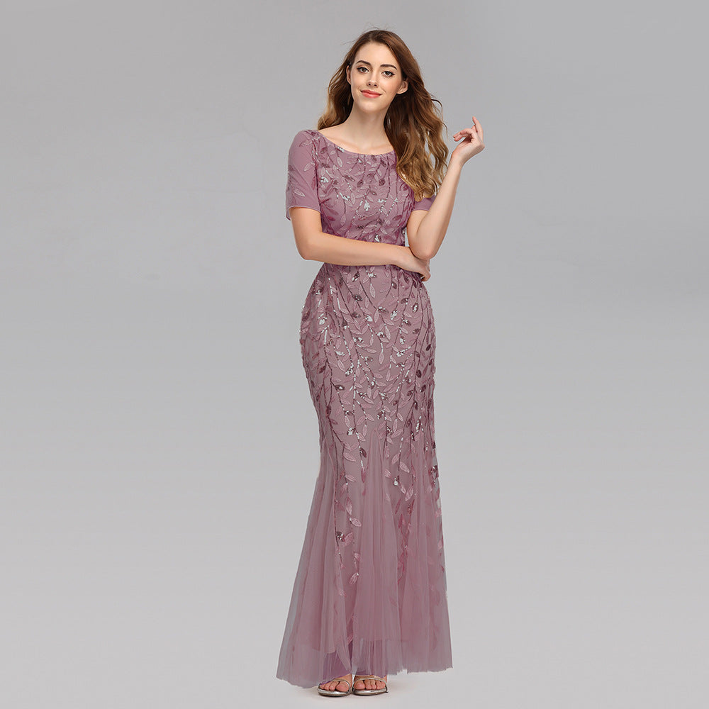 Gauze Sequin Evening Dress Fish tail Dress
