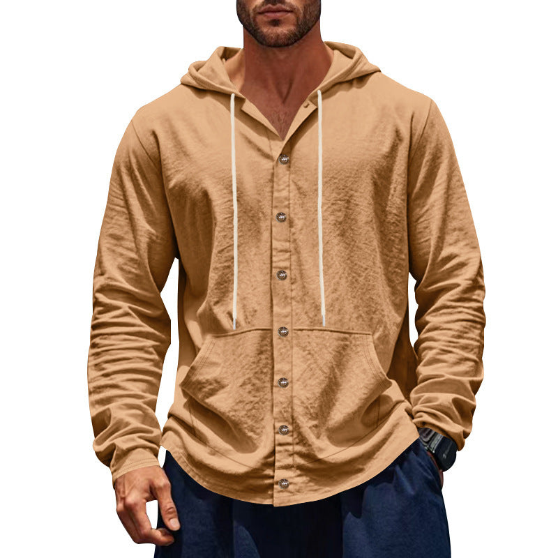 Relaxed-fit Men's Linen Casual Hoodie Long-sleeve Shirt