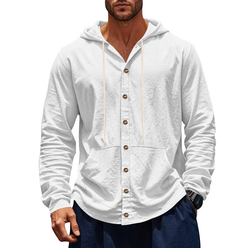 Relaxed-fit Men's Linen Casual Hoodie Long-sleeve Shirt