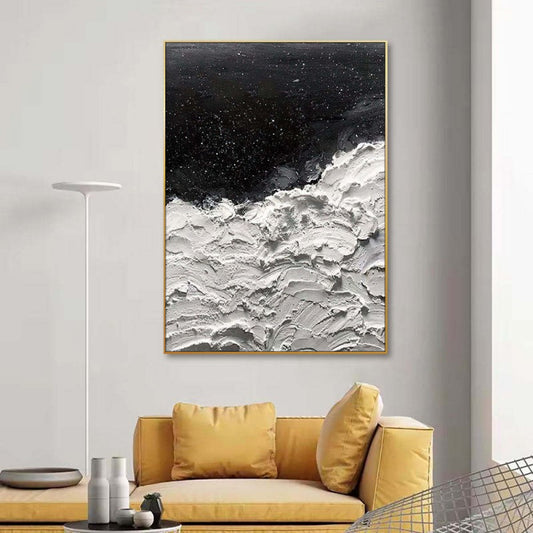 Handmade Thick Abstract Oil Painting Canvas Wall Art Decoration Modern New Design Origianl Art Oceans Of Stars Black And White Seawave Wall Art Decor For Home Decor Rolled Frameless Painting