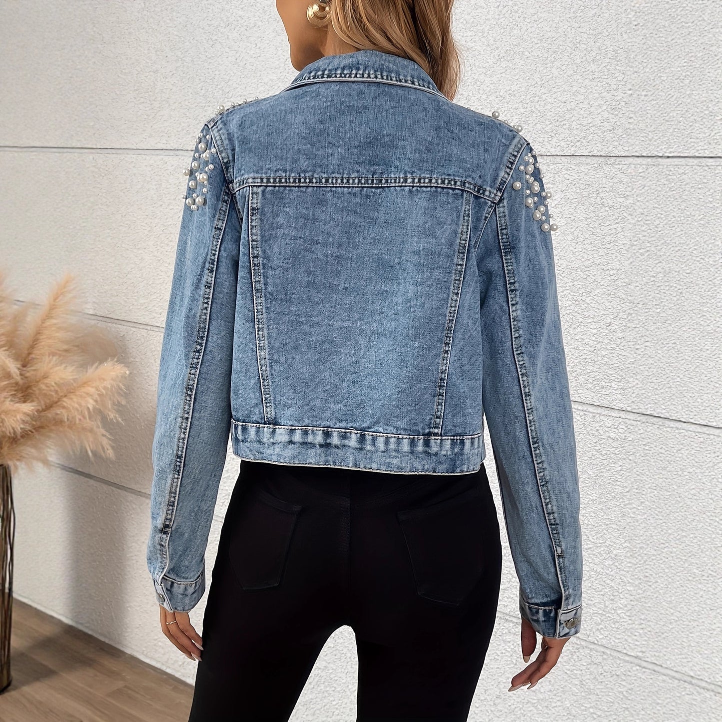 Womens Casual Short Pearl Denim Jacket