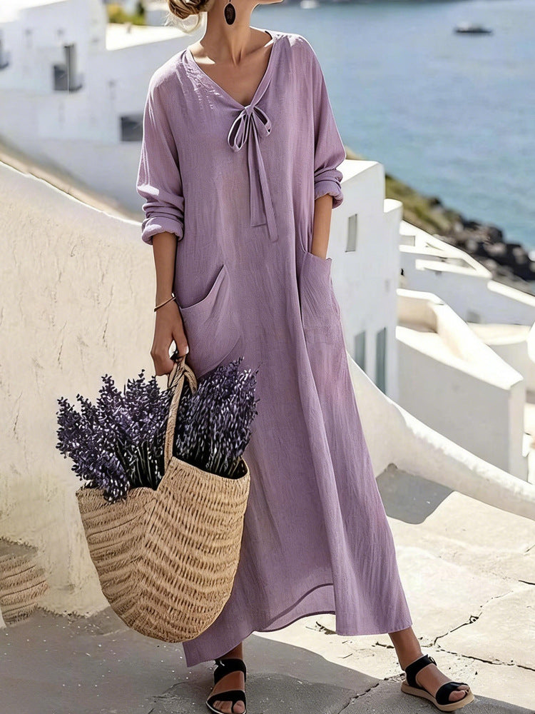Womens Casual V-Neck Long-Sleeve Loose Cotton-Linen Solid-Color Dress