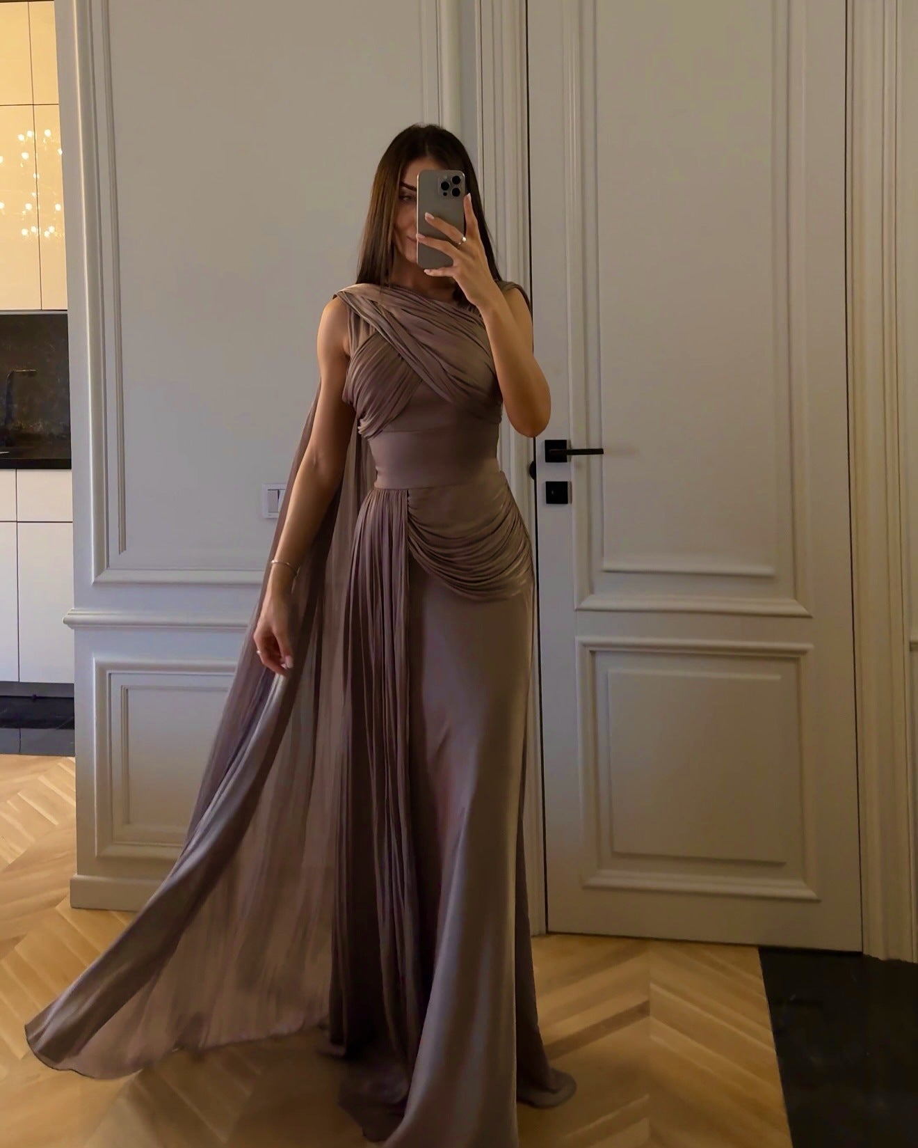 Pleated Gown with side cape in satin