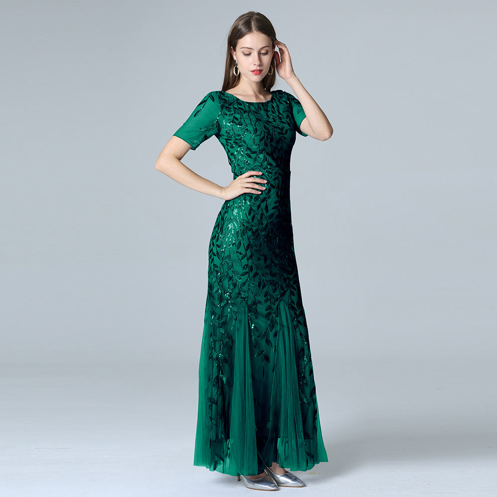 Gauze Sequin Evening Dress Fish tail Dress
