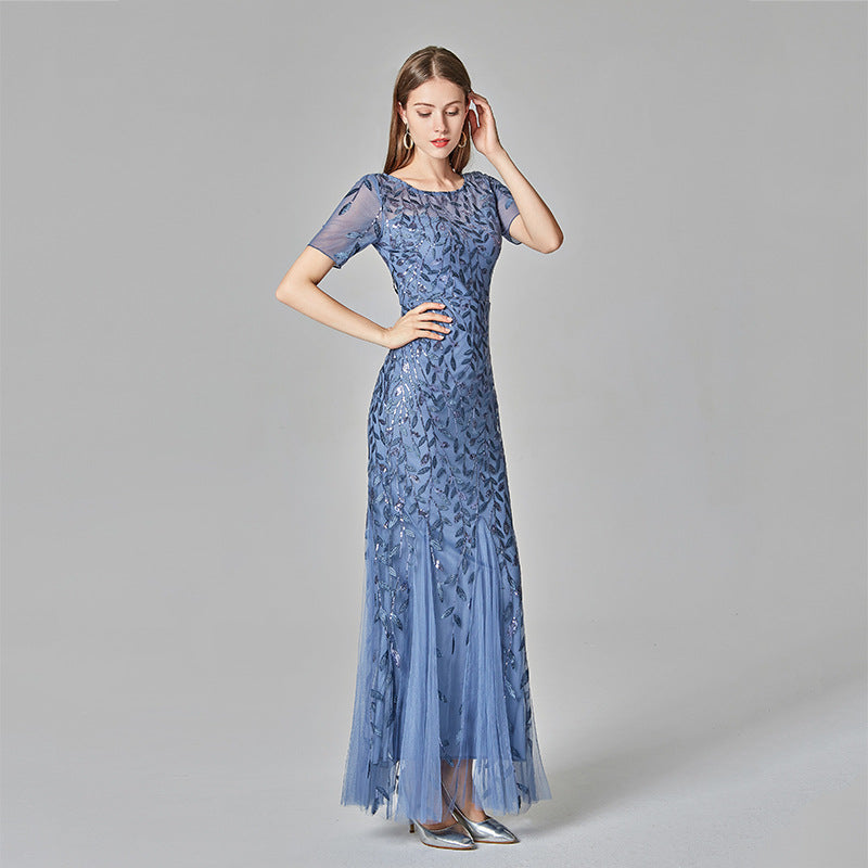 Gauze Sequin Evening Dress Fish tail Dress