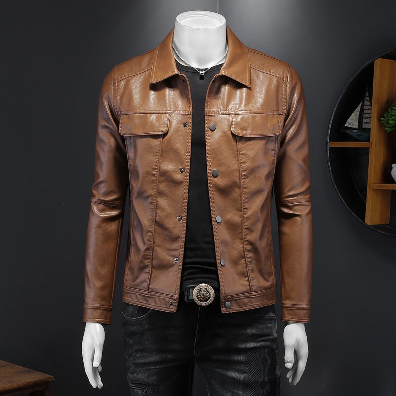 Men's Long-sleeved Lapel Leather Coat