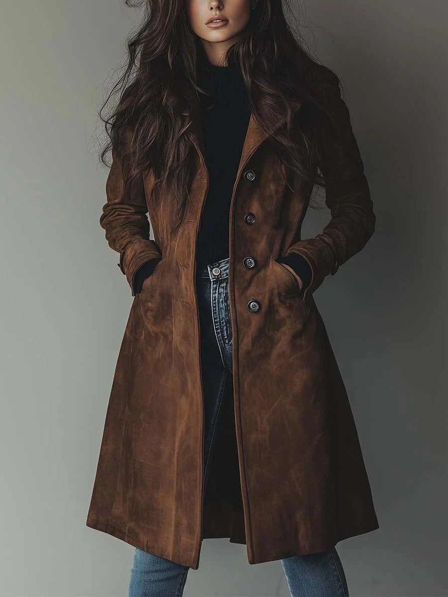 Womens Western Style Long Trench Coat in Suede