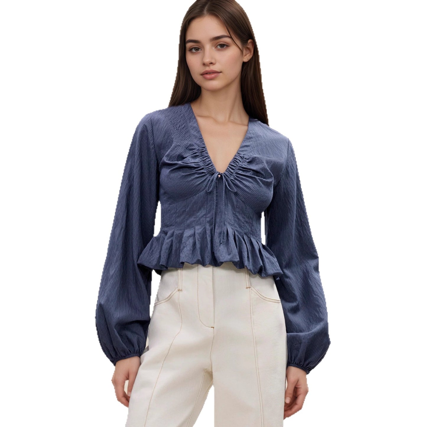 Gentle V-neck Top With Drawstring And Ruffled Hem Detailing