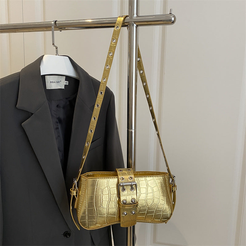 Heavy-Leather metal-texture Shoulder Bag