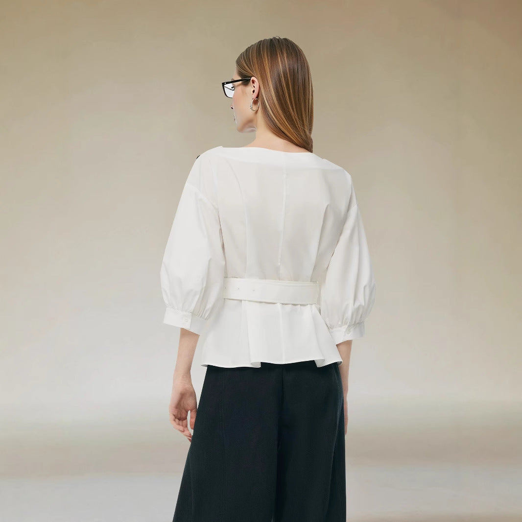 Elegant Shirt With A Belt And Three-quarter-length Sleeves