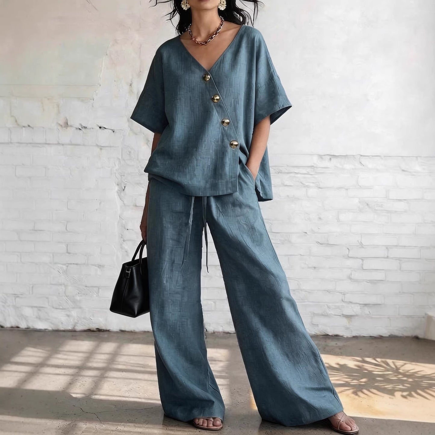 V-Neck Top & Wide-Leg Pants -Co ord Set in Loose Fit