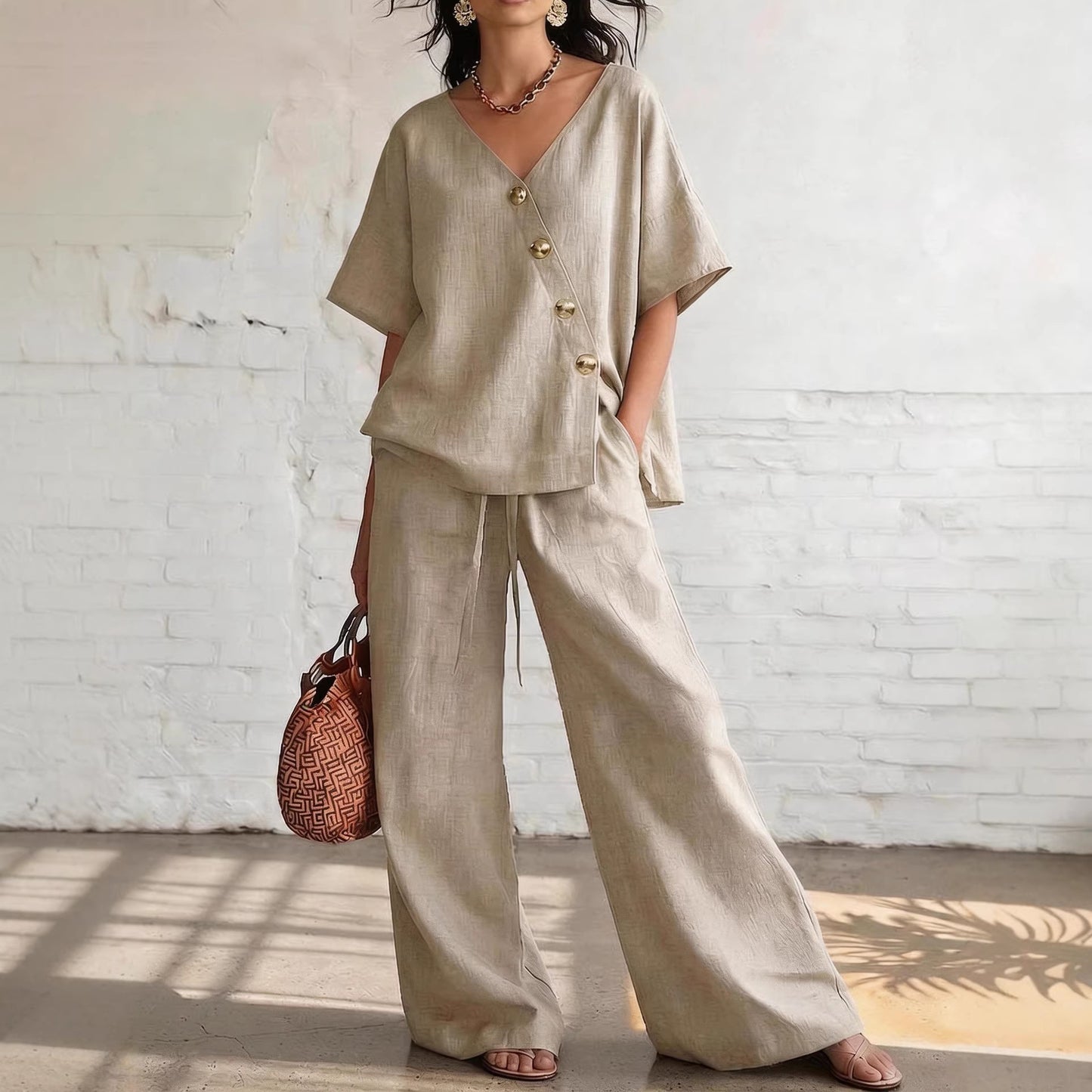 V-Neck Top & Wide-Leg Pants -Co ord Set in Loose Fit
