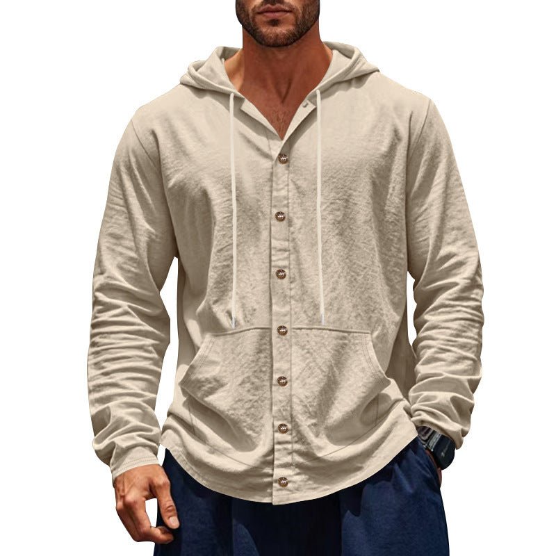 Relaxed-fit Men's Linen Casual Hoodie Long-sleeve Shirt