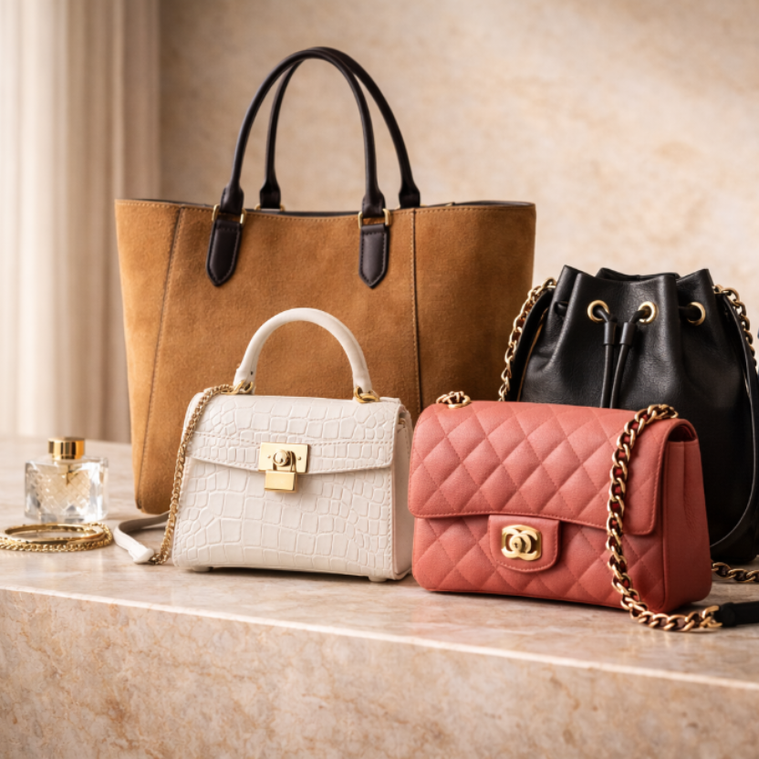 Five handbags of different styles and colors on a marble surface with a neutral background
