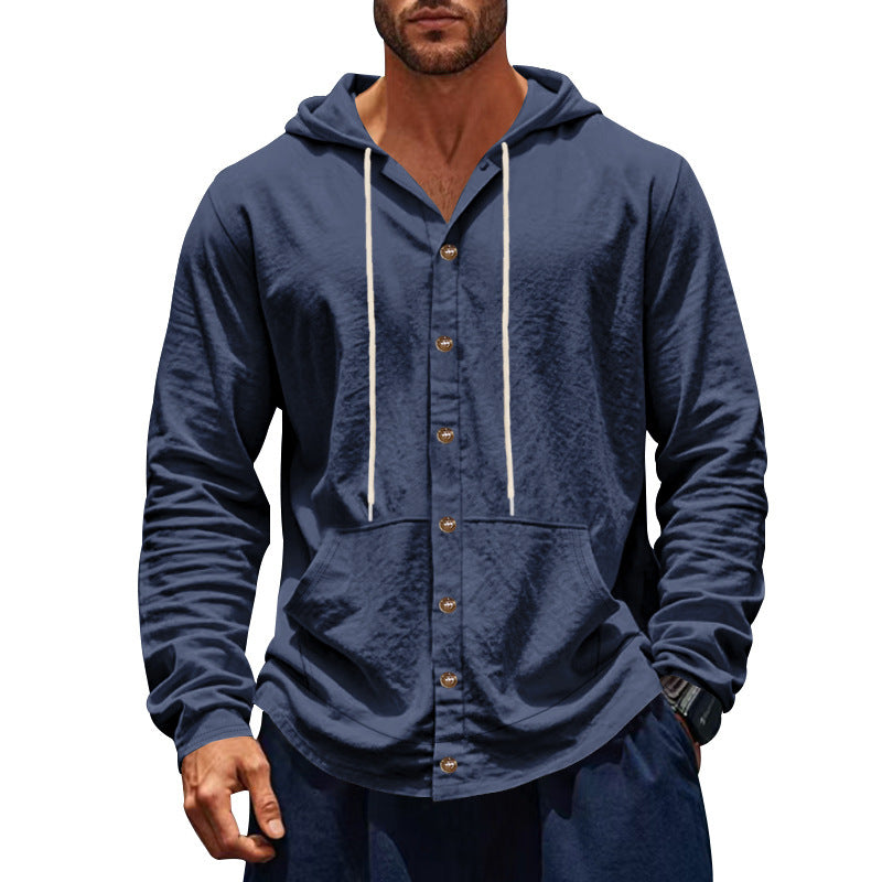 Relaxed-fit Men's Linen Casual Hoodie Long-sleeve Shirt