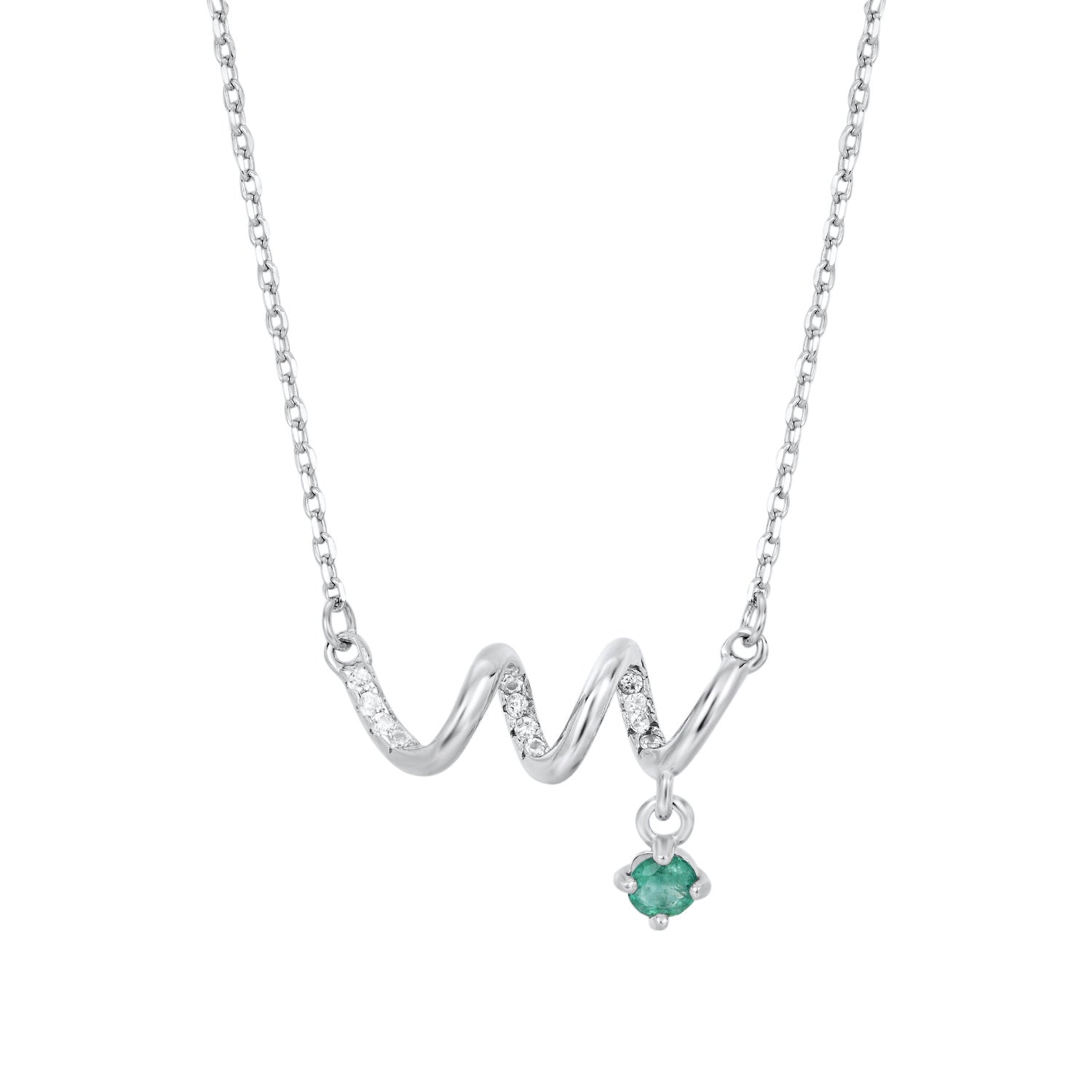 Silver necklace with a wavy design and green gemstone pendant on a white background