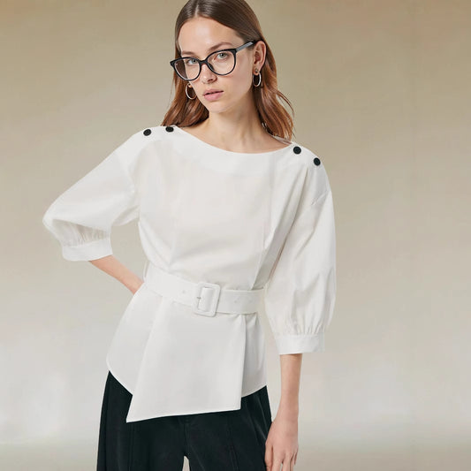 Elegant Shirt With A Belt And Three-quarter-length Sleeves