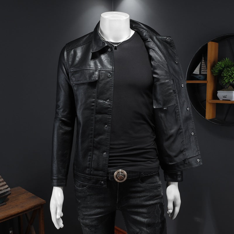 Men's Long-sleeved Lapel Leather Coat