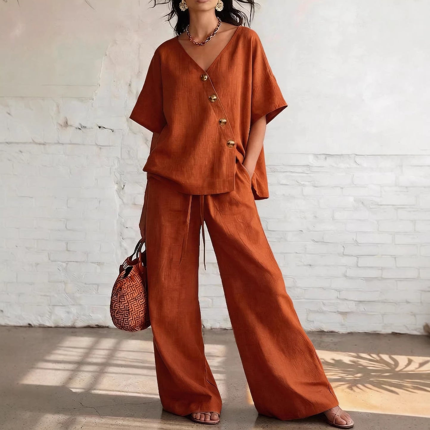 V-Neck Top & Wide-Leg Pants -Co ord Set in Loose Fit