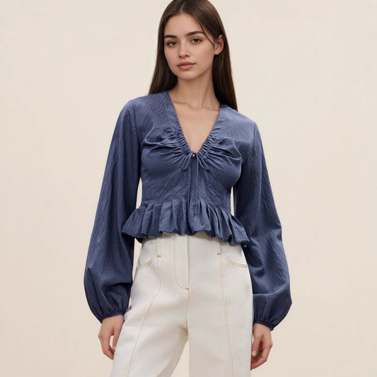 Gentle V-neck Top With Drawstring And Ruffled Hem Detailing