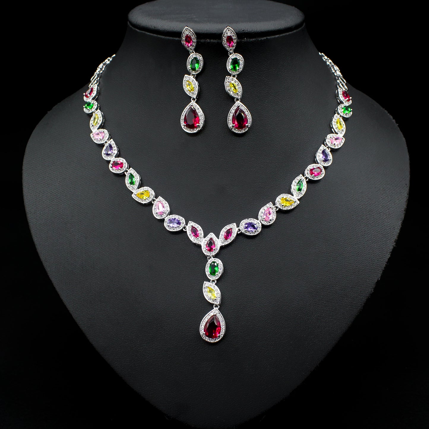 Colorful Zircon Necklace Earrings Clavicle Chain Noble Luxury Wedding Dress Three-piece Set