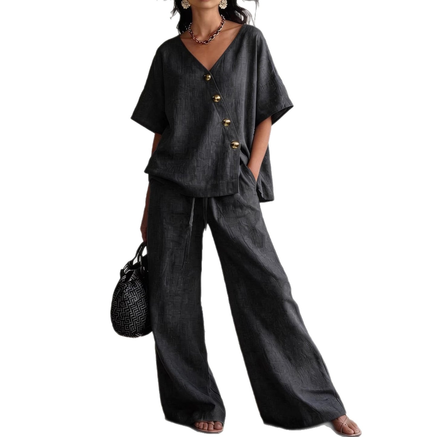 V-Neck Top & Wide-Leg Pants -Co ord Set in Loose Fit