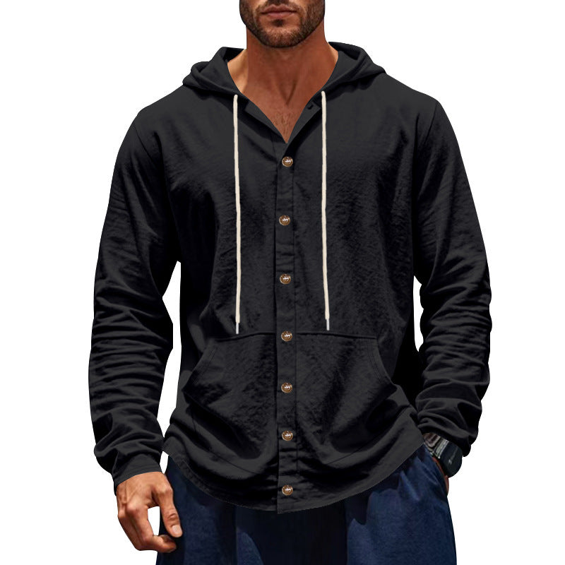 Relaxed-fit Men's Linen Casual Hoodie Long-sleeve Shirt
