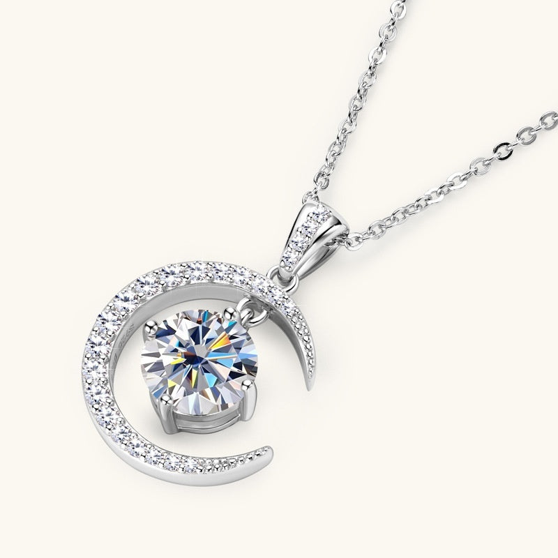 Women's Minimalist Pure Silver Crescent Shaped Moissanite Pendant Necklace