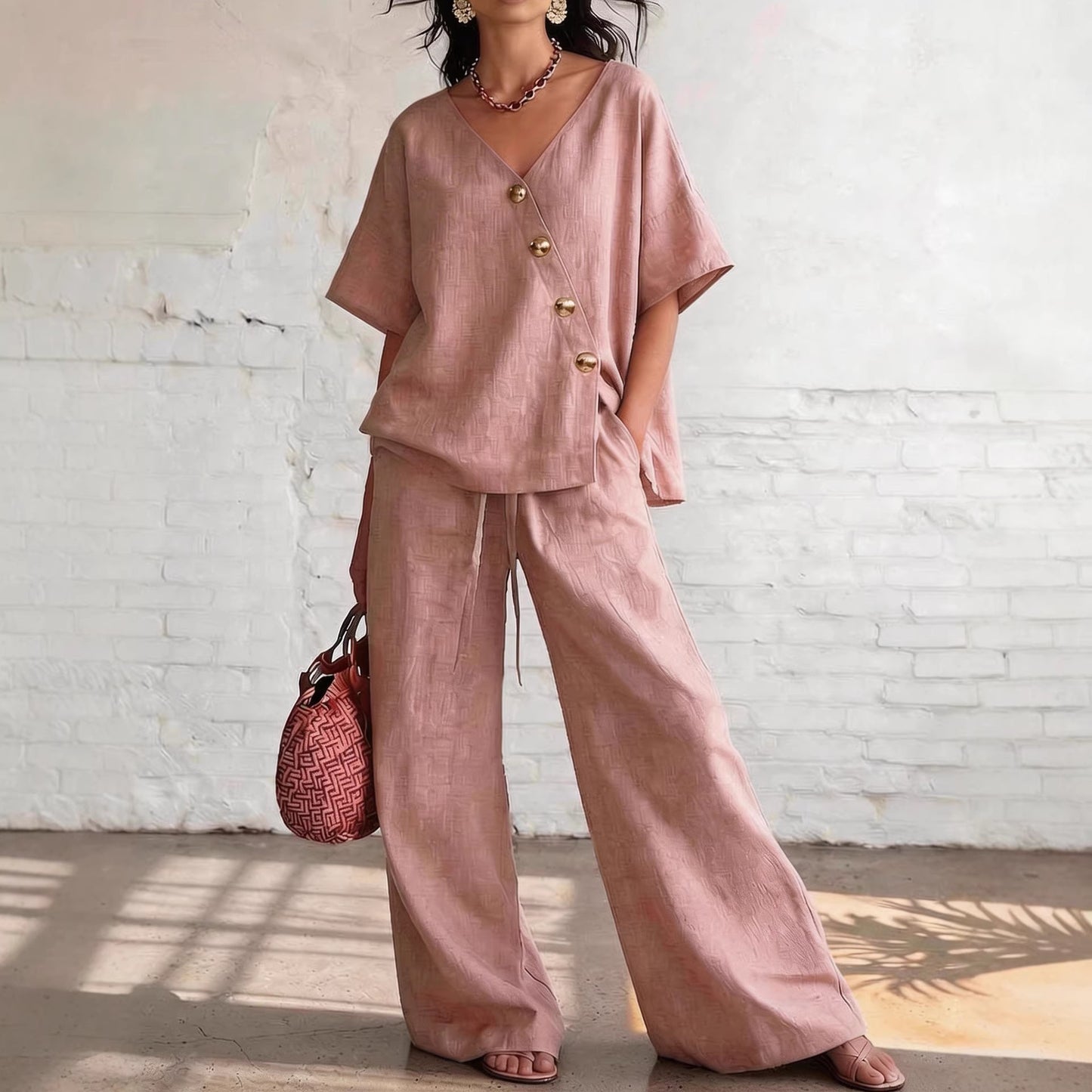 V-Neck Top & Wide-Leg Pants -Co ord Set in Loose Fit